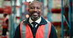 Logistics, face or man in warehouse with smile, pride or experience in shipping industry. Portrait, laugh or mature dispatch agent with confidence, about us or job goals in supply chain sector.