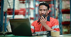 Logistics, laptop or man with radio in warehouse, import supervision or communication for storage details. Export instructions, supply chain or manager with distribution approval, talking or computer