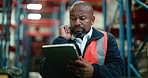 Supply chain, black man and thinking in warehouse with tablet for problem solving, shipping or dispatch. Mature person, reflection and reading in factory with tech, logistics and operations solution.