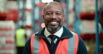 Logistics, face or man in warehouse with laugh, pride or experience in shipping industry. Portrait, happy or mature dispatch agent with confidence, about us or job goals in supply chain sector.