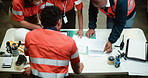 Group, construction and meeting with blueprint in warehouse above for supply chain expansion. Top view, people or team with documents for layout or building plan for storage improvement in depot