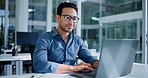 Typing, businessman and laptop in office for account report, company audit or online research. Finance project, smile and communication with tech for performance review, management or bookkeeping
