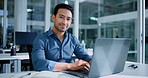 Face, businessman and laptop in office for accountant report, company audit or online research. Finance project, portrait and smile with tech for performance review, management or bookkeeping at firm
