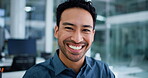 Face, financial director and businessman with confidence in office, professional and corporate career. Laughing, portrait and person with pride for company development, money management and smile