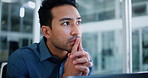 Financial advisor, thinking and man with laptop, stress and decision with risk management. Person, investor and employee in workplace, pc or review for finance report, account mistake or profit audit