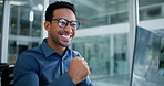 Fist pump, businessman and laptop in office for finance report, company success or online bonus. Accountant, celebration and glasses with tech for performance review, raise or portfolio growth