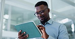 Black man, tablet and typing at office with smile, checklist and low angle at investment company. African person, broker or advisor with tech, application and glasses with feedback at finance agency
