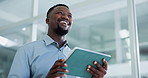 Black man, tablet and happy at office with project, checklist and low angle at investment company. African person, consultant or advisor with tech, app and good news with feedback at finance agency
