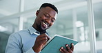Black man, tablet and writing at office with project, checklist and low angle at investment company. African person, consultant or advisor with tech, app and notes with feedback at finance agency