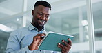 Business, happy and black man on tablet in office for finance review, research and investment. Corporate, low angle and person on digital tech for financial report, proposal and website for budget