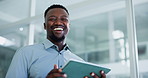 Black man, tablet and laugh at office with face, checklist or low angle at investment company. African person, consultant or advisor with tech, application and happy at financial agency in Nigeria