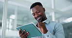 Business, pen and black man on tablet in office for finance review, research and investment. Corporate, stylus and low angle of person on digital tech for financial report, proposal and budget plan