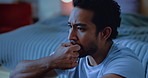 Night, thinking and man in bedroom, biting nails and depression with insomnia, mistake and fear. Evening, home or person with ptsd, frustrated or anxiety with mental health, scared and sleep disorder