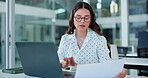 Laptop, typing or businesswoman with paper in office, statement audit or check accounting compliance. Reading, document accuracy or worker review finance report, record finding or edit mistake on pc