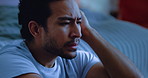 Night, thinking and man in bedroom, sad memory and depression with insomnia, mistake or grief. Late, home or person with ptsd, frustrated or anxiety with mental health, pressure or confused with loss