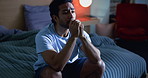 Stress, man and thinking in bedroom at night with anxiety, insomnia and memory of past trauma. Grief, male person and ptsd reflection with sleep disorder, emotional pressure and overthinking in home