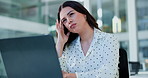 Neck pain, headache or woman in office with laptop, burnout or joint inflammation in muscle injury. Tendinitis, bokeh or employee in agency with tech, pressure or fatigue with cervical sprain.