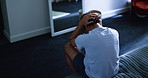 Mental health, stress and man in bedroom with guilt, anxiety trigger or memory of past mistake. Grief, flashback and male person in house with sadness, loss or frustrated in emotional thoughts.
