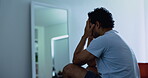 Mental health, frustrated or man in bedroom with fatigue, anxiety trigger or memory of past trauma. Flashback, space and male person in house with sadness, stress or exhausted in emotional crisis.