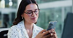 Happy, businesswoman and chat with smartphone, office and communication with contact on social media. Texting, online and person with mobile for message, glasses and employee with technology on break