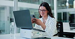 Woman, phone and happy with texting at office, notification and laptop at investment company. Person, financial advisor and broker for online consulting, glasses or mobile app with smile at agency