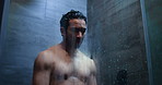 Man, shower and thinking in home bathroom for cleaning, wellness and contemplation. Person, apartment and running water in morning for skincare, thoughtful and fresh body with wonder and stress