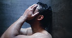 Mental health, regret and man in shower with reflection, anxiety trigger or memory of past trauma. Grief, flashback and male person in house with thinking, mistake or fatigue in emotional thoughts.