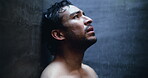 Mental health, sadness and man in shower with reflection, anxiety trigger or memory of past trauma. Grief, flashback and male person in house with thinking, loss or fatigue in emotional thoughts.