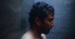 Mental health, frustrated or man in shower with fatigue, anxiety trigger or memory of past trauma. Flashback, grief and male person in house with sadness, stress or exhausted in emotional crisis.