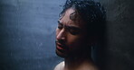 Mental health, reflection or man in shower with fatigue, anxiety trigger or memory of past trauma. Flashback, space and male person in house with sadness, thinking or exhausted in emotional crisis.