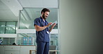 Man, nurse and smile with tablet in hospital for patient information, appointment and schedule. Clinic, typing and healthcare person with technology for telehealth, medical service or research