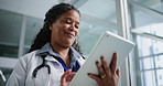 Doctor, thinking or black woman with tablet in hospital, review medical record or patient history reflection. Treatment plan idea, thoughtful or mature physician smile for healthcare, tech or below
