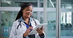 Doctor, think or mature woman with tablet in hospital, review medical record or patient history reflection. Treatment planning, thoughtful or African physician with idea for healthcare, tech or smile