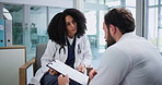People, doctors and talk with clipboard in office for planning, review results and medical records. Team, discussion or checklist for healthcare briefing, treatment information and procedure feedback