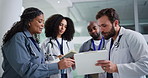 Clipboard, discussion and group of doctors in hospital for collaboration on medical diagnosis. Conversation, notes and team of professional healthcare people with patient records in medicare clinic