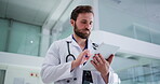 Doctor, walking or man with tablet in hospital, update medical records or access patient history info. Treatment planning, tech or physician with online test results for healthcare, typing or below