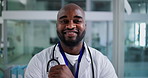 Medical, face or black man in hospital with smile, job goals or pride in healthcare. About us, happy or doctor in clinic with confidence, general practitioner or experience in wellness industry.
