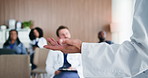 Hands, speaker or audience with medical workshop in conference room, surgery training or cardiology talk. Listen, healthcare seminar or person with speech for heart operation lecture, doctors or info