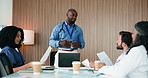 Paper, manager or doctors talk in boardroom, admin or operational planning for private medical practice. People, healthcare committee team or director with steps to improve clinic, discussion or pc