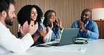 Doctor, team and applause at meeting with celebration, success and happy for announcement at hospital. Man, medical professional and clapping hand for goal, achievement and laptop in clinic boardroom