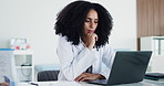Woman, doctor and reading with laptop in office for research, medical report and patient history. Thinking, person and pc for Telehealth, healthcare records and information for treatment planning