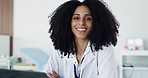 Happy woman, face and doctor with confidence in hospital for healthcare service or appointment. Portrait, female person or health worker with smile for help, medical checkup or clinic assistance