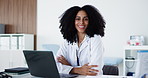 Happy woman, face and doctor with laptop in hospital for healthcare service or appointment. Portrait, female person or health worker with confidence for help, medical checkup or clinic assistance