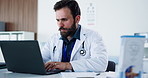 Man, doctor and typing with laptop in office for research, medical report and compliance form. Male person, pc and documents for Telehealth, healthcare schedule and information for treatment planning