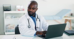 Black man, doctor and document with laptop in office for research, medical report and patient history. Person, pc and paperwork for Telehealth, healthcare records and planning for treatment procedure