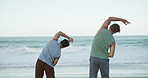Back, beach and men with fitness, stretching and wellness with support, morning routine and workout. Ocean, training and healthy people with breathing exercise, balance and warm up in Zanzibar