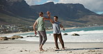 High five, chest bump and friends on beach for fitness, wellness or health with morning exercise. Support, happy and men with celebration for workout or training with teamwork by ocean in morning.