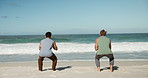 Fitness, squat or men on beach for workout, leg muscle training or friends together for calisthenics. Performance, active or people with lunge for exercise commitment, wellness support or back by sea