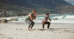 Fitness, squat and men by sea for workout, leg muscle training and friends together for calisthenics. Performance, active or people on beach for exercise commitment, wellness or health goals in lunge