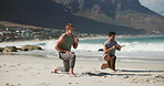 Fitness, lunge or men on beach for workout, leg muscle training or friends together for calisthenics. Performance, balance challenge or people with squat for exercise commitment, active or outdoor
